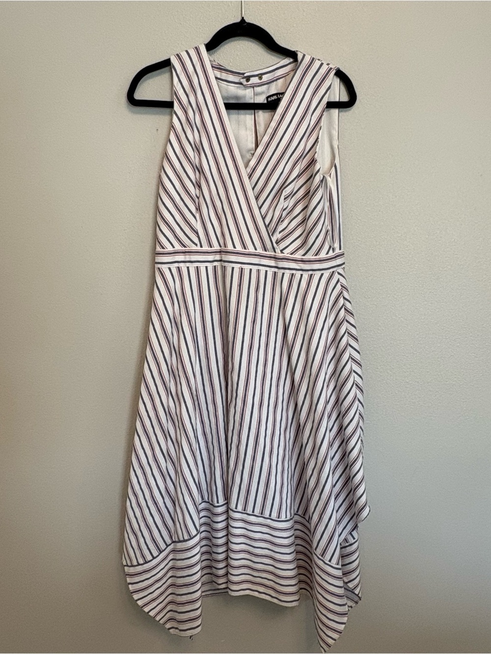 Karl Lagerfeld Paris Striped Wrap-Style Midi Dress – Ivory/Navy/Red, Size 14